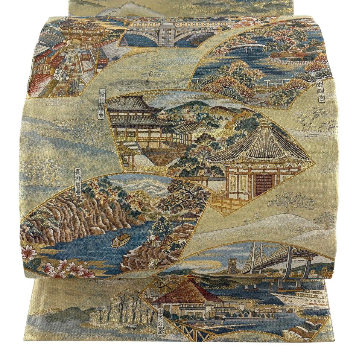 【美品】 袋帶 秀品級 故鄉的詩 扇子面 關東紀行 金絲 金金箔 金色 大鼓圖案 純蠶絲