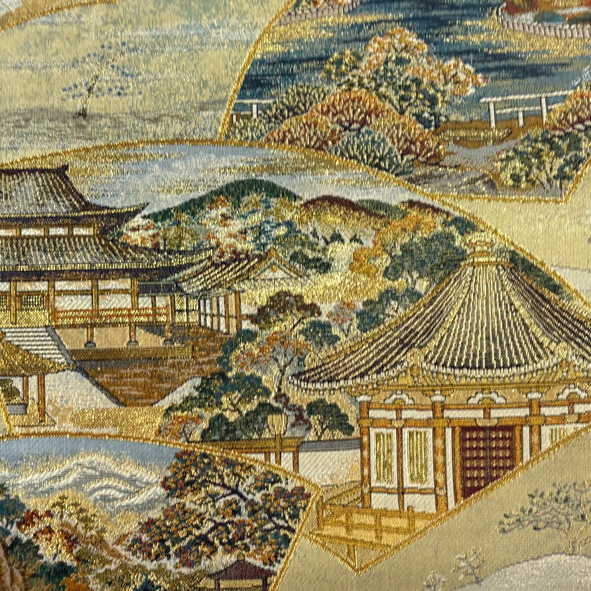 【美品】 袋帶 秀品級 故鄉的詩 扇子面 關東紀行 金絲 金金箔 金色 大鼓圖案 純蠶絲
