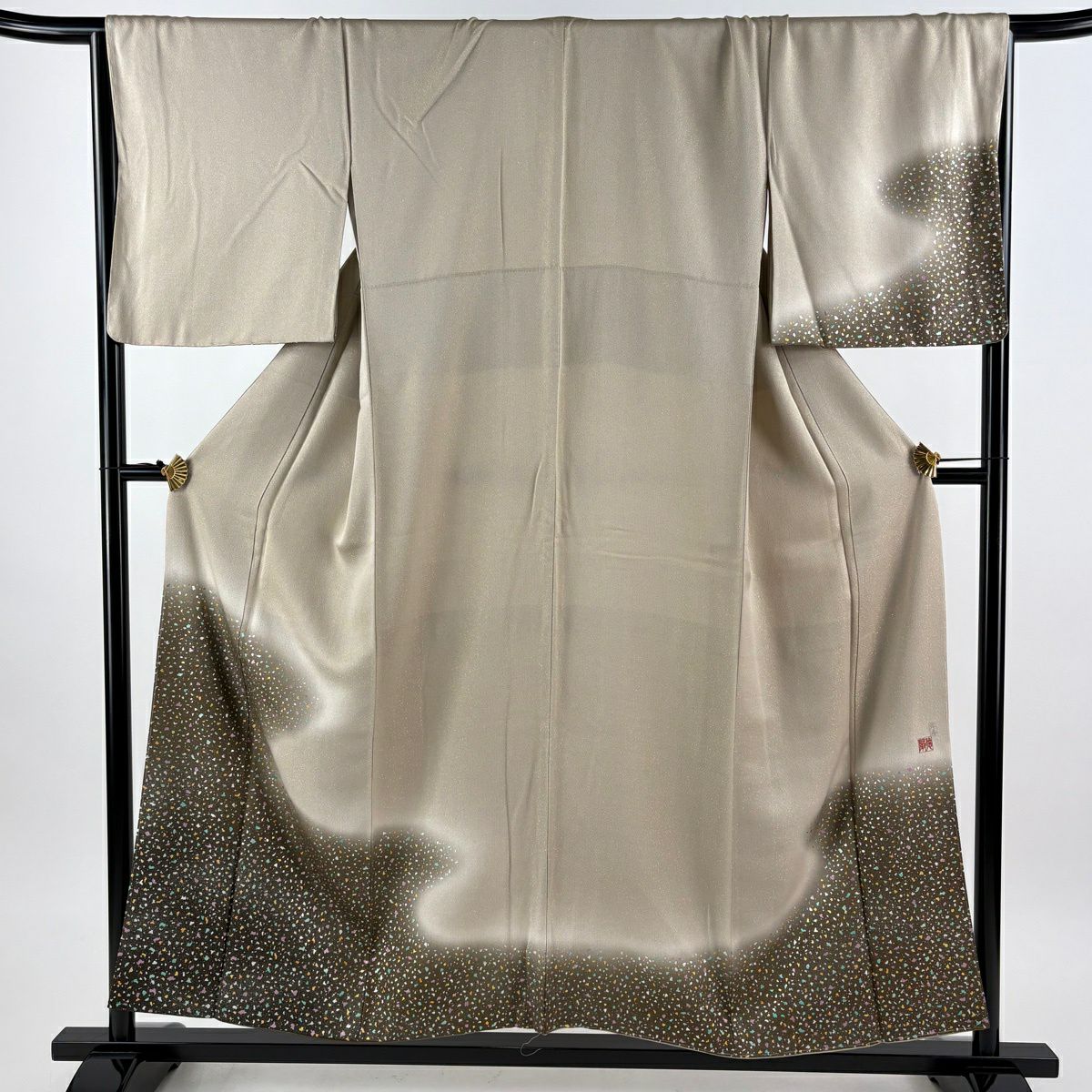 【美品】 付下 身長154cm 袖長68cm L 雙層 藤林德扇子 落款あり 霞 幾何學 金通 金銀彩 灰茶 純蠶絲 逸品級
