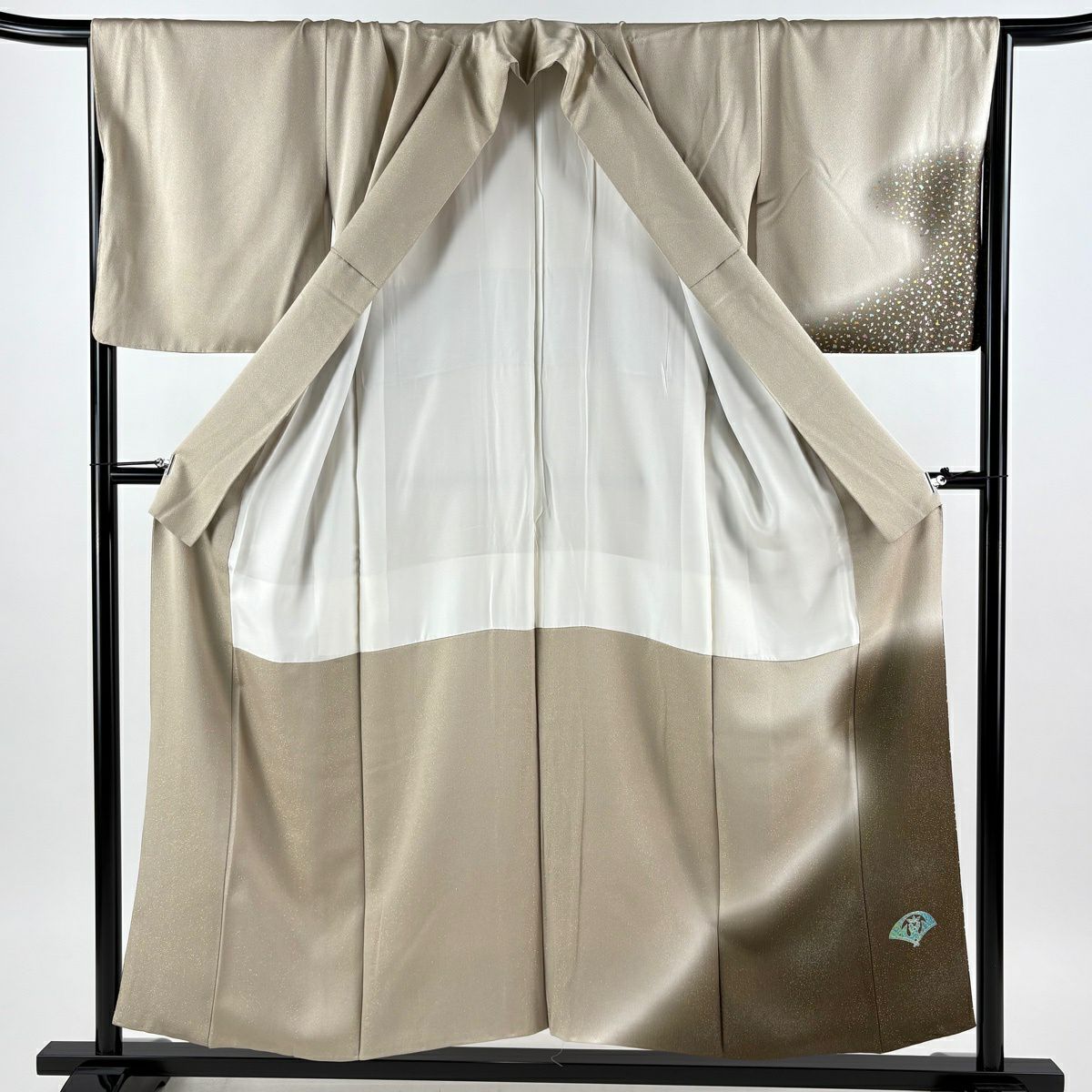 【美品】 付下 身長154cm 袖長68cm L 雙層 藤林德扇子 落款あり 霞 幾何學 金通 金銀彩 灰茶 純蠶絲 逸品級