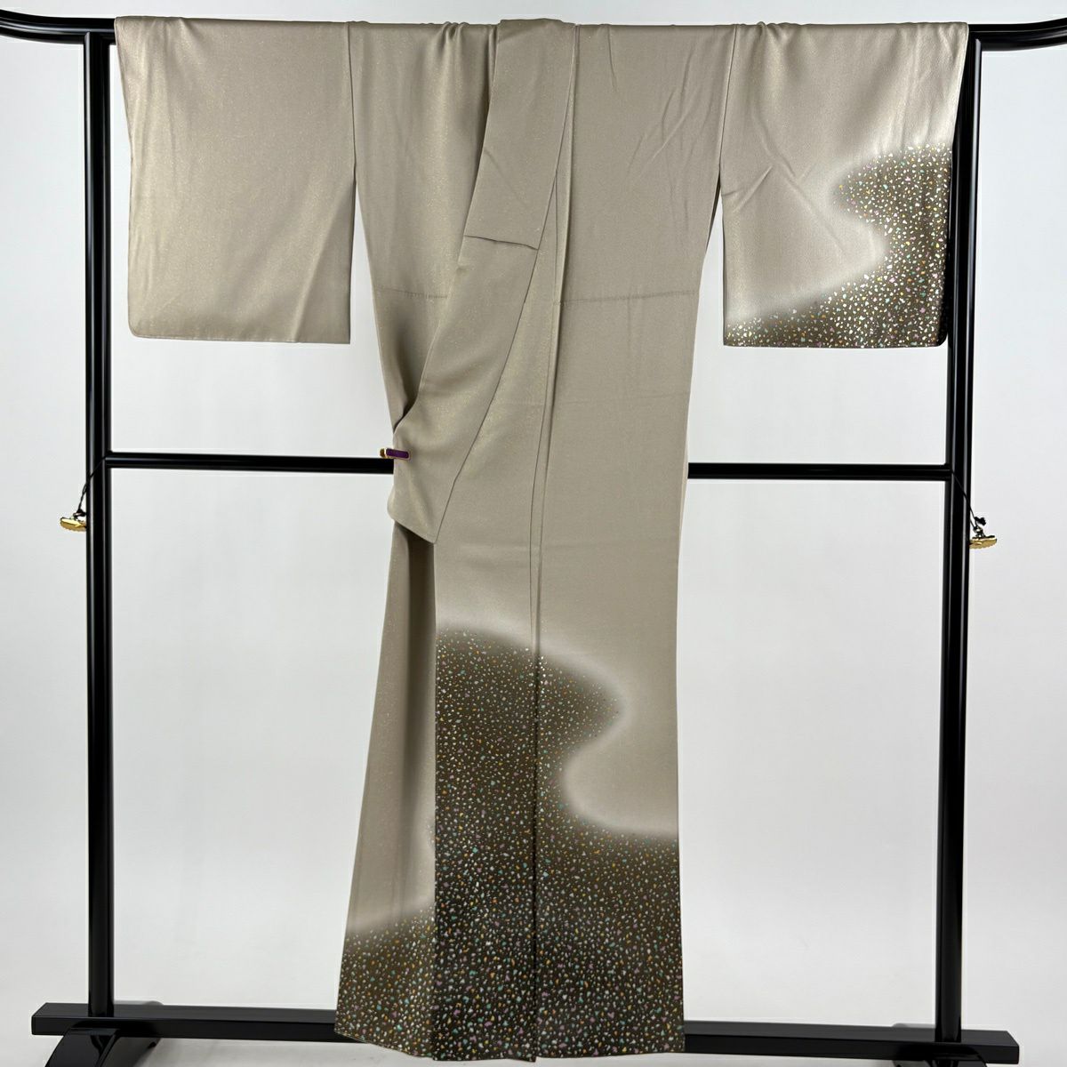 【美品】 付下 身長154cm 袖長68cm L 雙層 藤林德扇子 落款あり 霞 幾何學 金通 金銀彩 灰茶 純蠶絲 逸品級