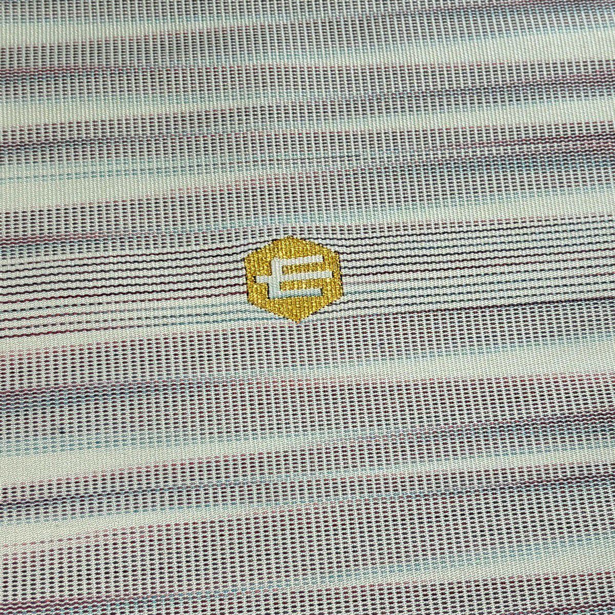 【美品】名古屋帶 名品級 落款 伊達靜 松樹葉仕立 八寸名古屋帶 關西仕立 縞 幾何學圖案 灰白 純蠶絲
