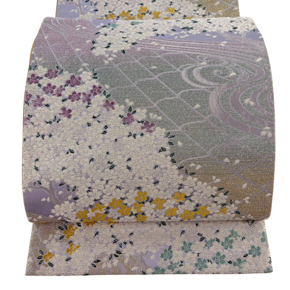 【美品】 袋帶 名品級 樱花 流水 銀通 金金箔 淡紫 六通 純蠶絲