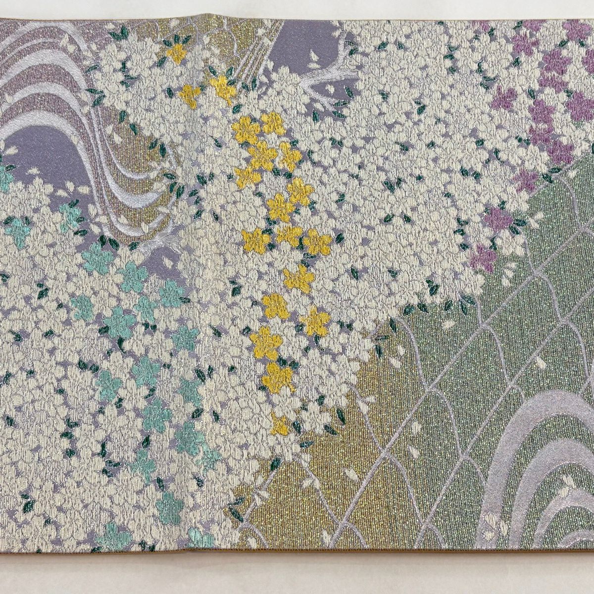 【美品】 袋帶 名品級 樱花 流水 銀通 金金箔 淡紫 六通 純蠶絲