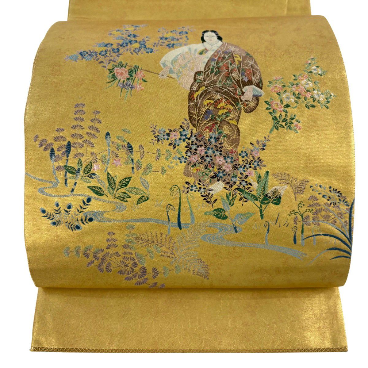 袋帶 名品級 となみ織物 證書齊全 關西仕立 雜花 本金金箔 金色 大鼓圖案 純蠶絲