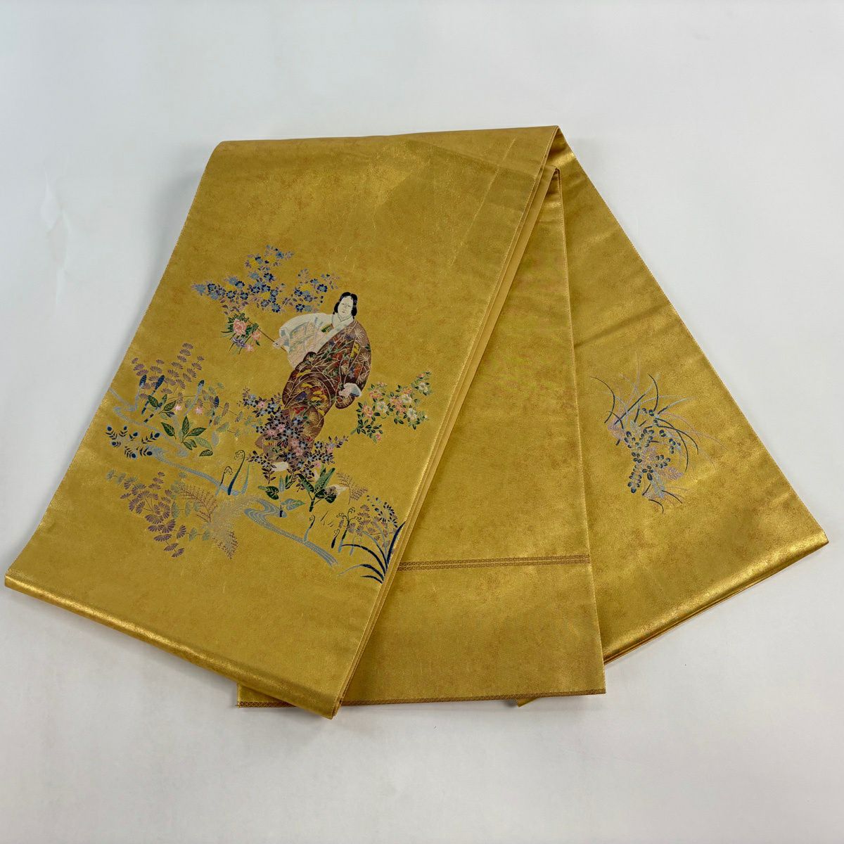 袋帶 名品級 となみ織物 證書齊全 關西仕立 雜花 本金金箔 金色 大鼓圖案 純蠶絲
