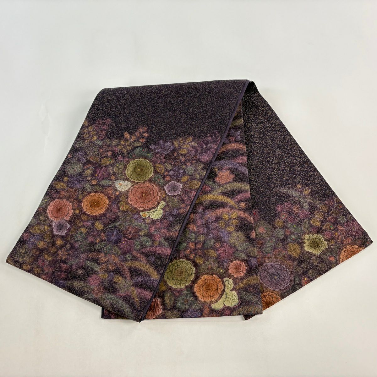 【美品】 袋帶 名品級 草花紋 金通 金染 濃紫 大鼓圖案 純蠶絲