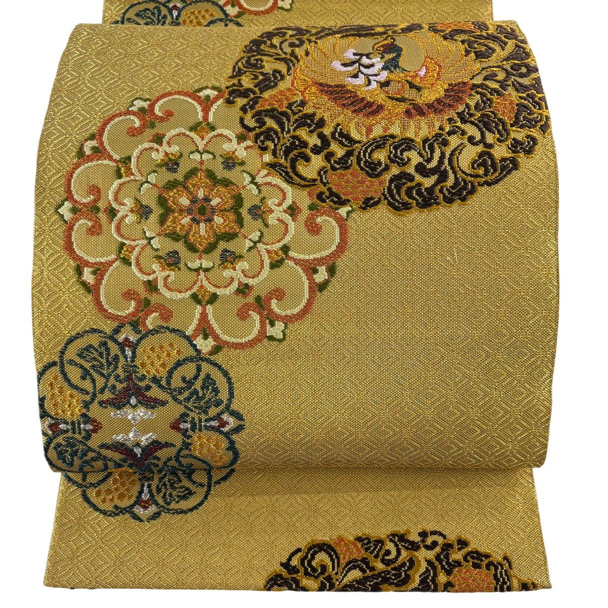 【美品】 袋帶 名品級 華紋 花喰鳥 金絲 金金箔 金色 六通 純蠶絲