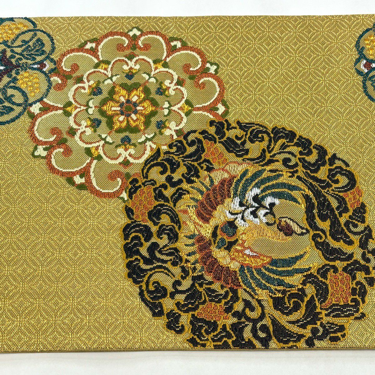 【美品】 袋帶 名品級 華紋 花喰鳥 金絲 金金箔 金色 六通 純蠶絲
