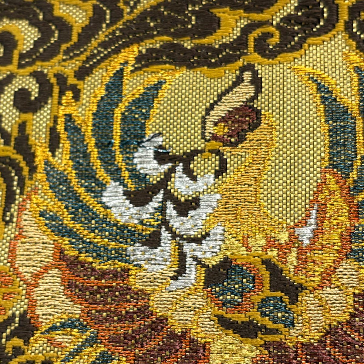 【美品】 袋帶 名品級 華紋 花喰鳥 金絲 金金箔 金色 六通 純蠶絲
