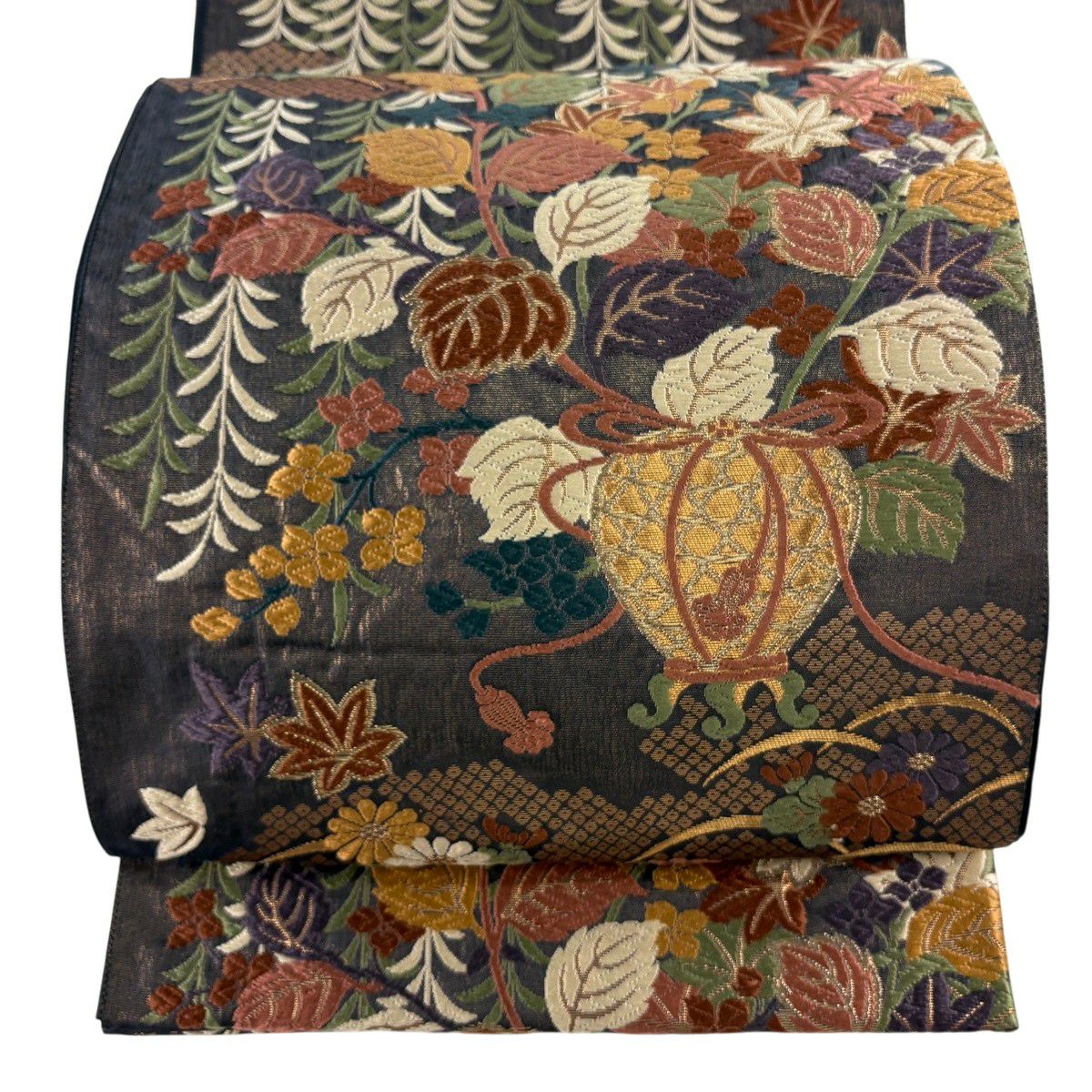 【美品】 袋帶 名品級 花井幸子 落款 草花紋紋 芝 金絲 金金箔 茶紫 六通 純蠶絲