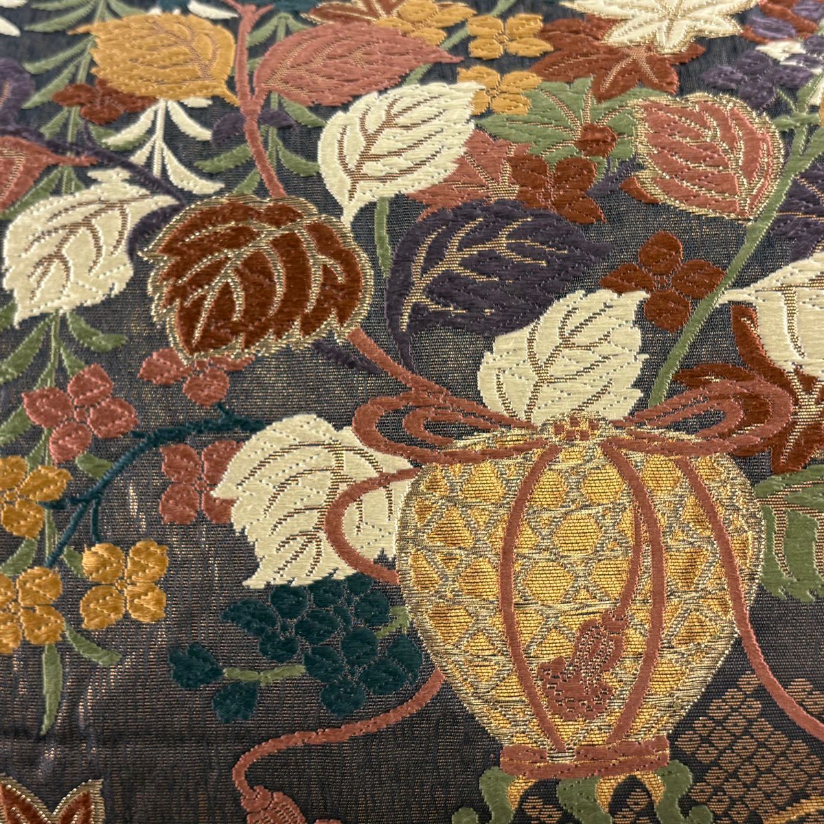 【美品】 袋帶 名品級 花井幸子 落款 草花紋紋 芝 金絲 金金箔 茶紫 六通 純蠶絲