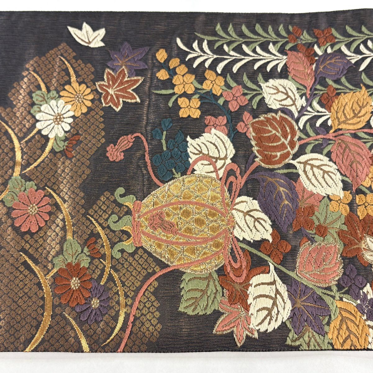 【美品】 袋帶 名品級 花井幸子 落款 草花紋紋 芝 金絲 金金箔 茶紫 六通 純蠶絲