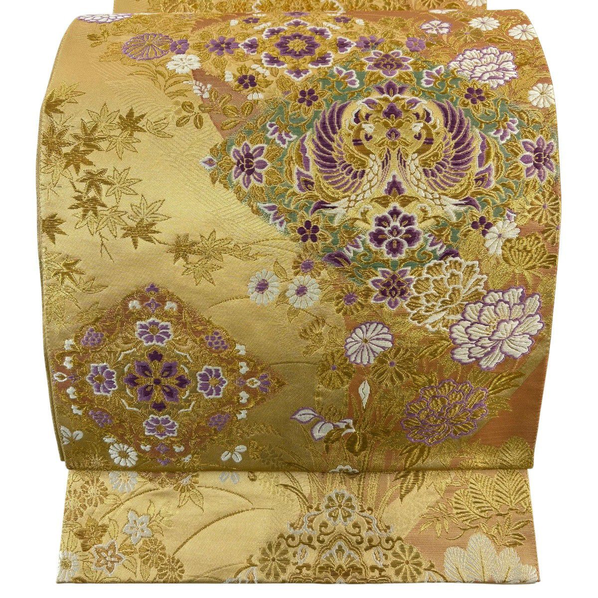 袋帶 逸品級 じゅらく 落款あり 証紙あり 鳳凰 草花紋刺繡 金線 米色 お太鼓柄 純蠶絲