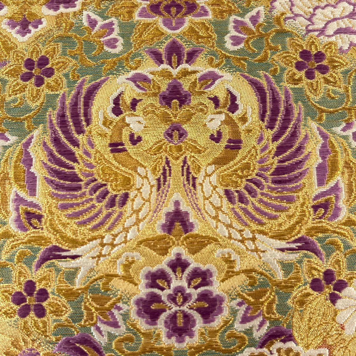 袋帶 逸品級 じゅらく 落款あり 証紙あり 鳳凰 草花紋刺繡 金線 米色 お太鼓柄 純蠶絲