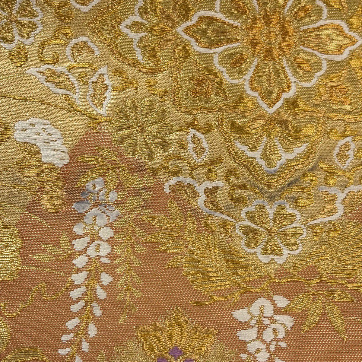 袋帶 逸品級 じゅらく 落款あり 証紙あり 鳳凰 草花紋刺繡 金線 米色 お太鼓柄 純蠶絲