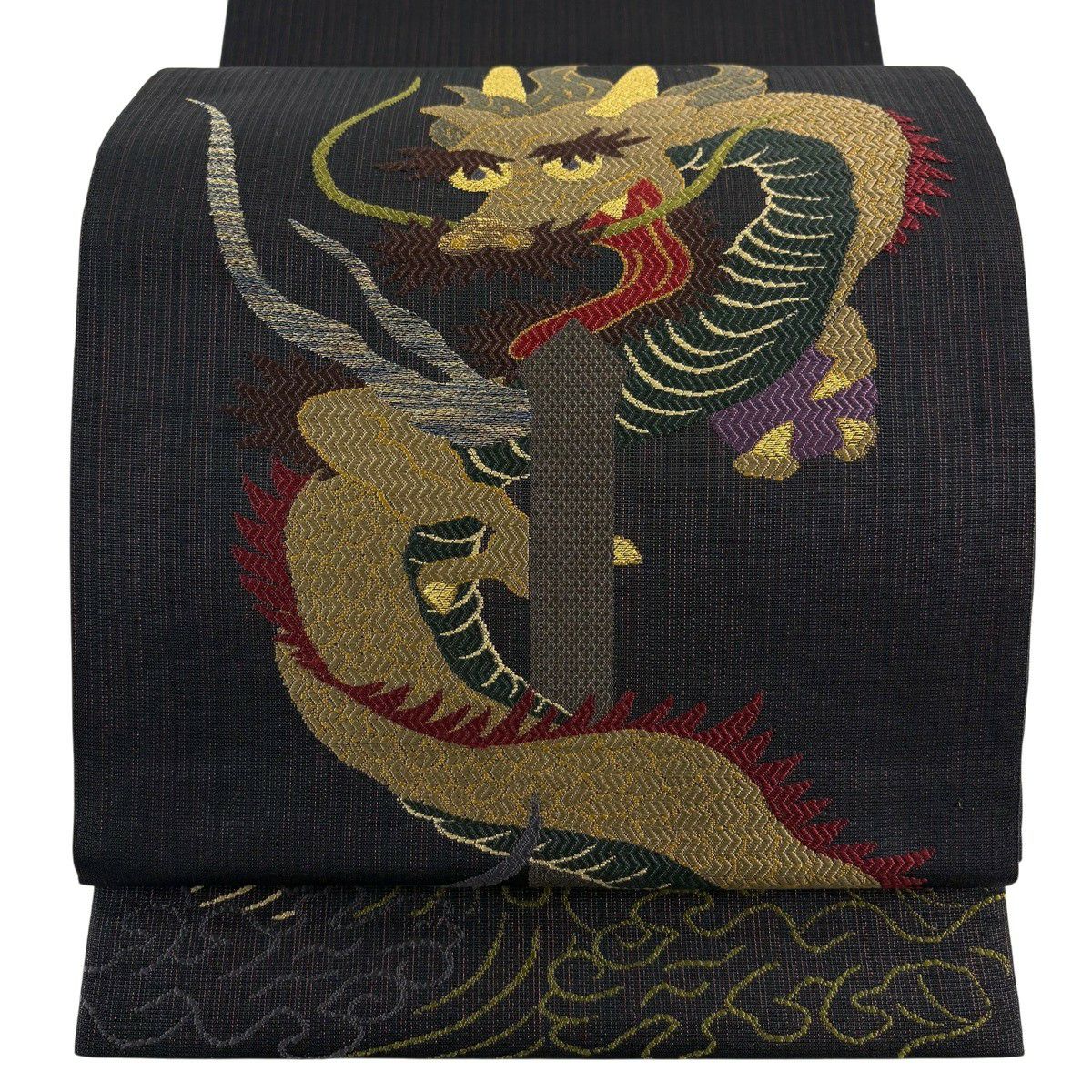 【美品】 袋帶 逸品級 龍 金糸 金金箔 墨 深色 お太鼓圖案 純蠶絲