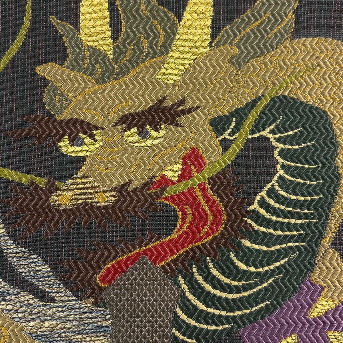 【美品】 袋帶 逸品級 龍 金糸 金金箔 墨 深色 お太鼓圖案 純蠶絲