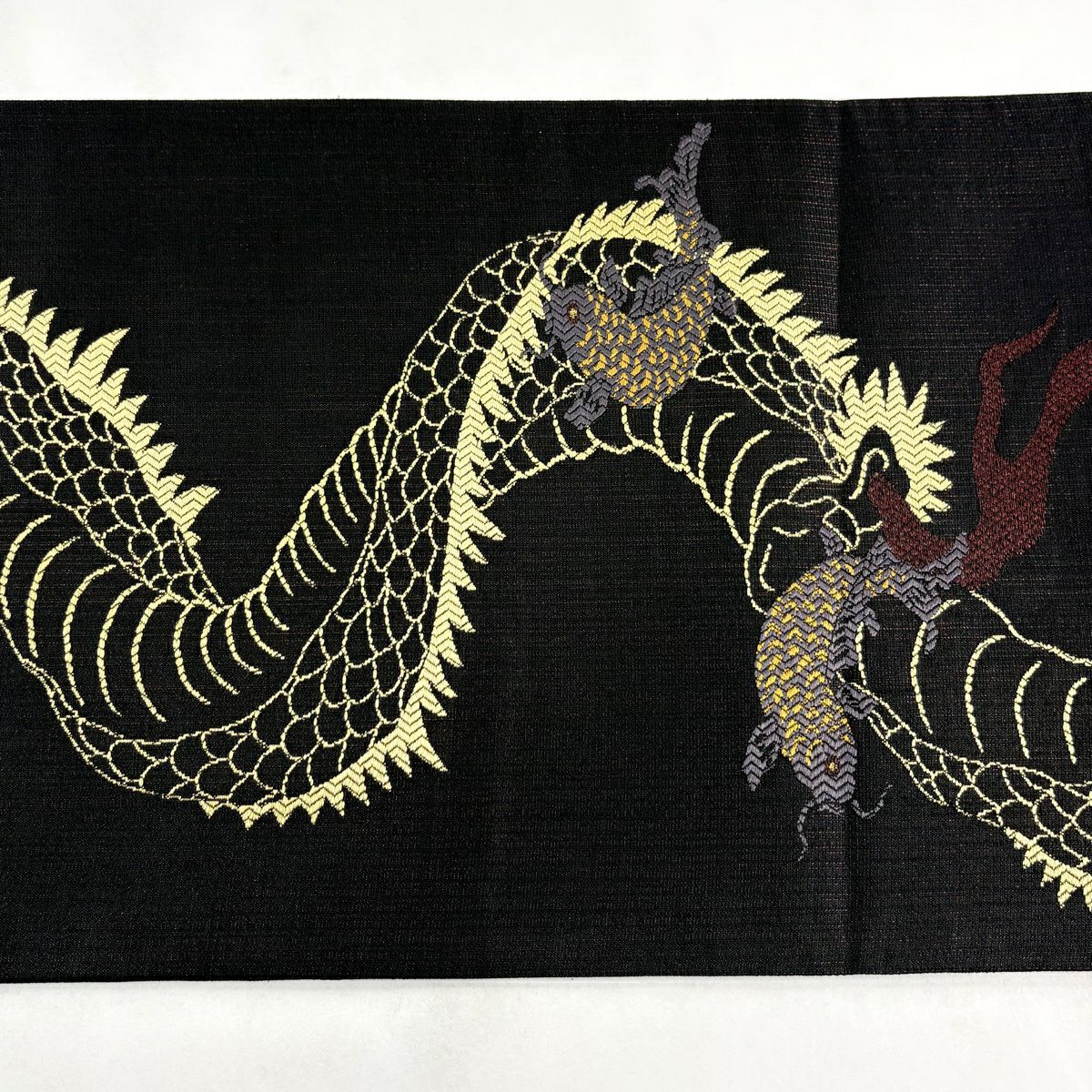 【美品】 袋帶 逸品級 龍 金糸 金金箔 墨 深色 お太鼓圖案 純蠶絲