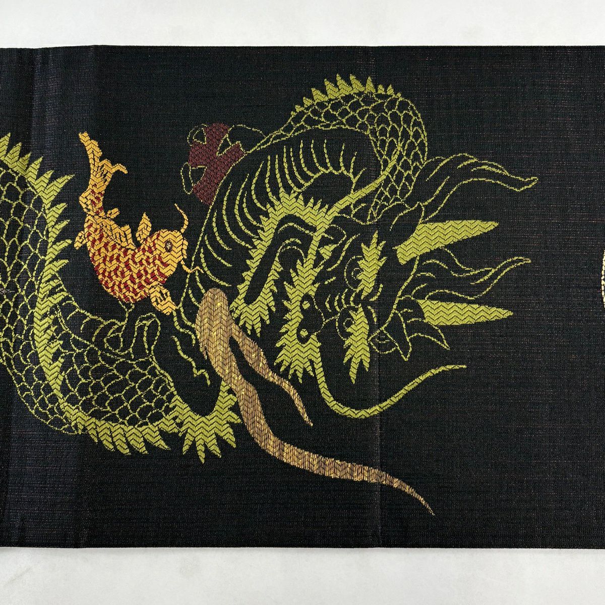 【美品】 袋帶 逸品級 龍 金糸 金金箔 墨 深色 お太鼓圖案 純蠶絲