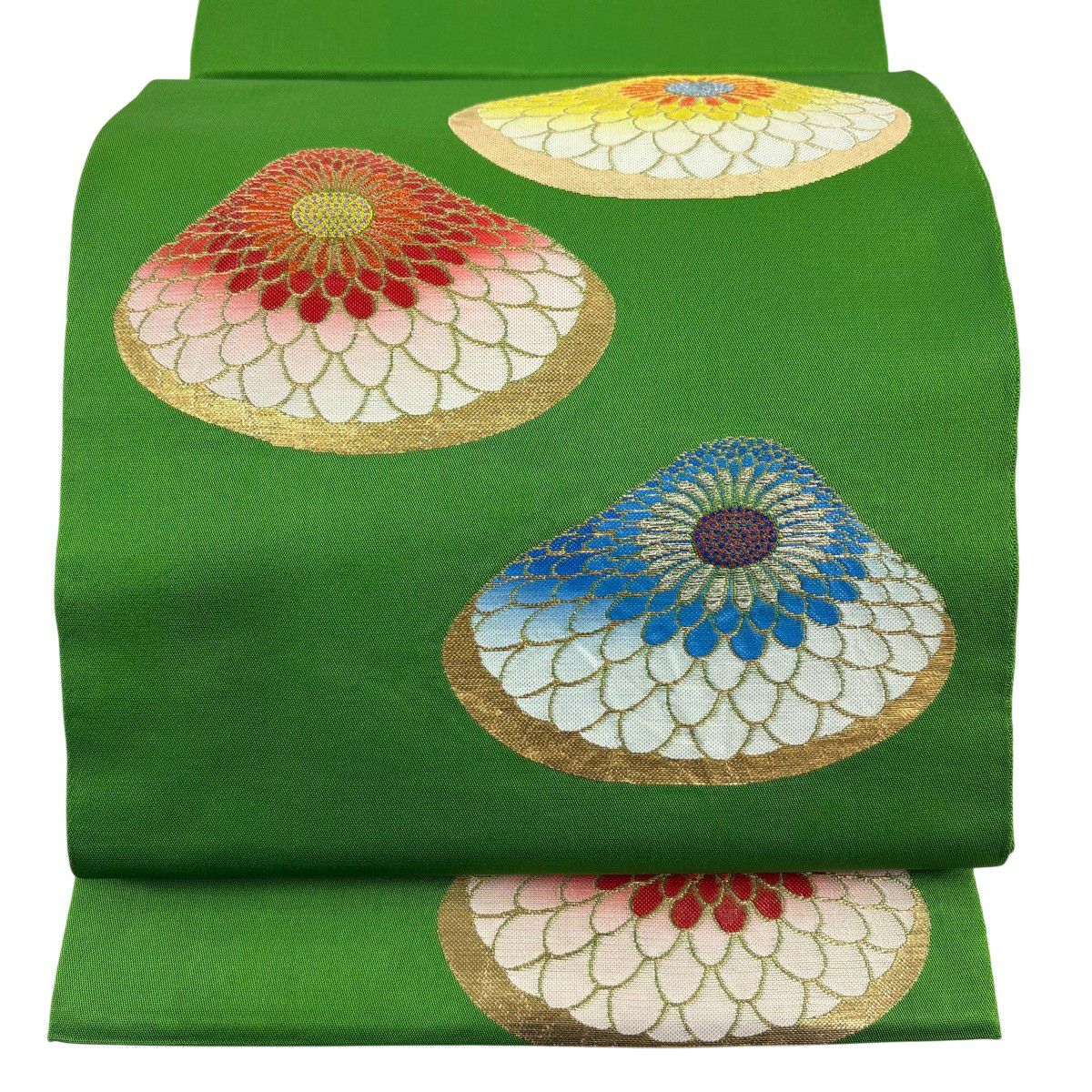 袋帶 逸品級 龍村平蔵 落款 追粉菊花錦 刺繡 金金箔 黃綠 純蠶絲