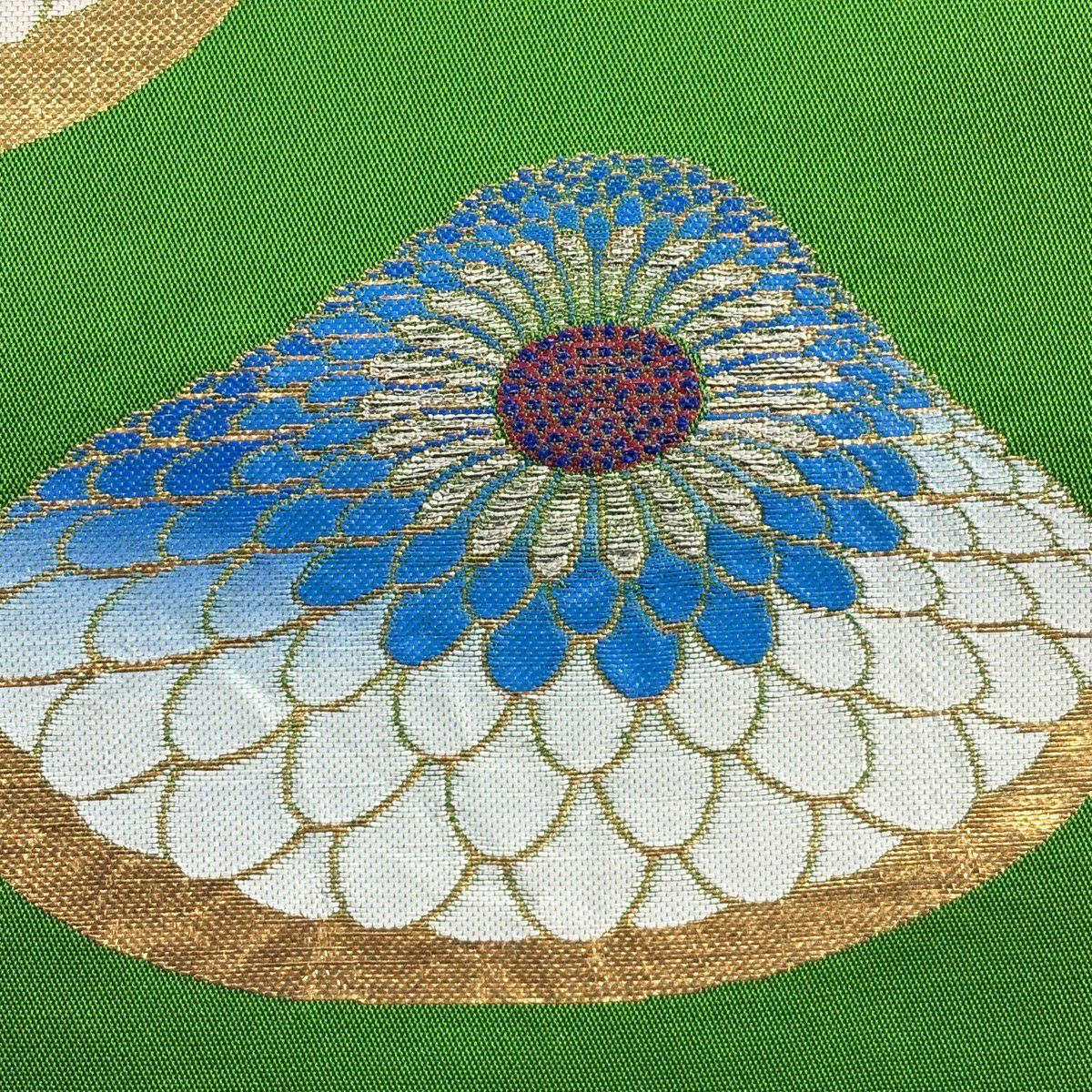 袋帶 逸品級 龍村平蔵 落款 追粉菊花錦 刺繡 金金箔 黃綠 純蠶絲