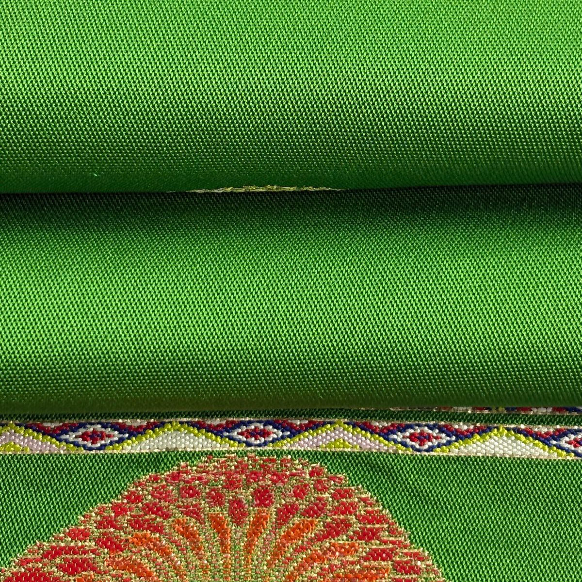袋帶 逸品級 龍村平蔵 落款 追粉菊花錦 刺繡 金金箔 黃綠 純蠶絲