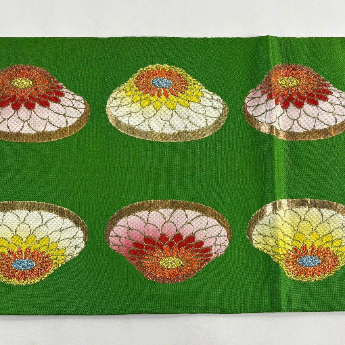 袋帶 逸品級 龍村平蔵 落款 追粉菊花錦 刺繡 金金箔 黃綠 純蠶絲