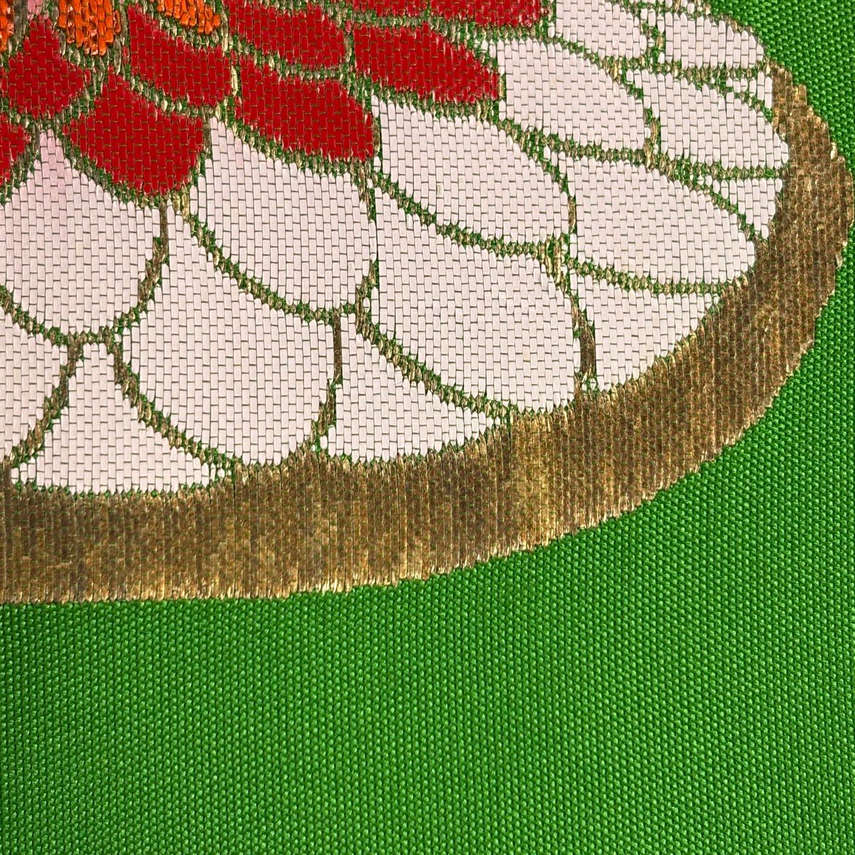 袋帶 逸品級 龍村平蔵 落款 追粉菊花錦 刺繡 金金箔 黃綠 純蠶絲