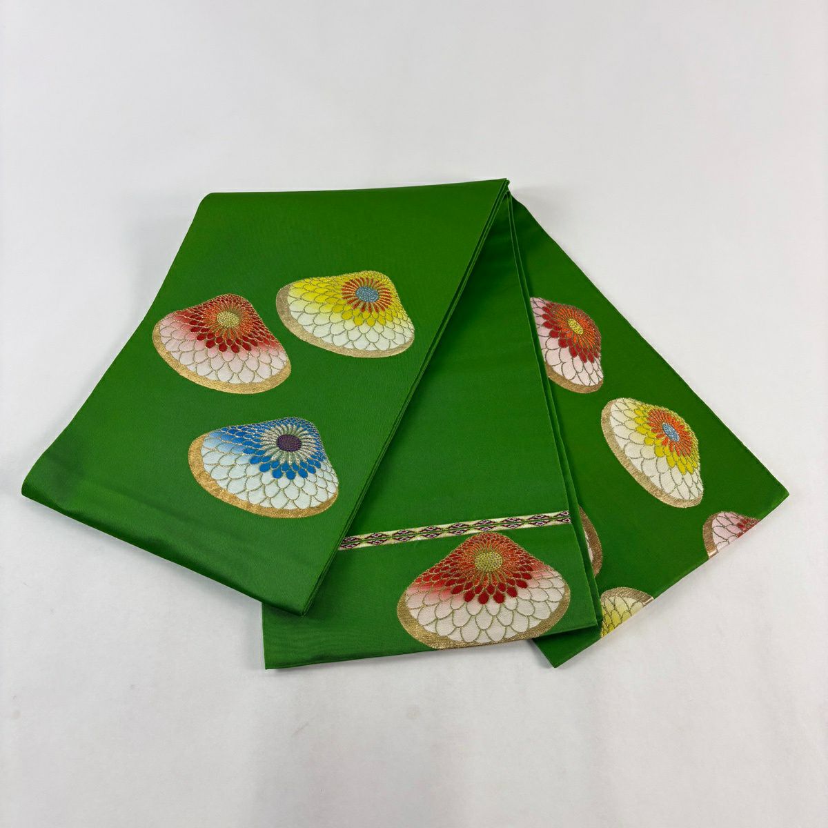 袋帶 逸品級 龍村平蔵 落款 追粉菊花錦 刺繡 金金箔 黃綠 純蠶絲