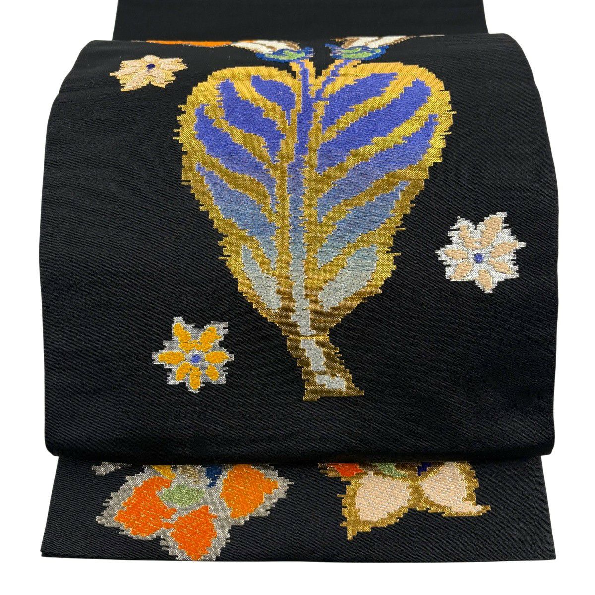 袋帶 逸品級 龍村平蔵 落款あり 毛房文 草花紋刺繡 金金箔 黑 お太鼓柄 純蠶絲