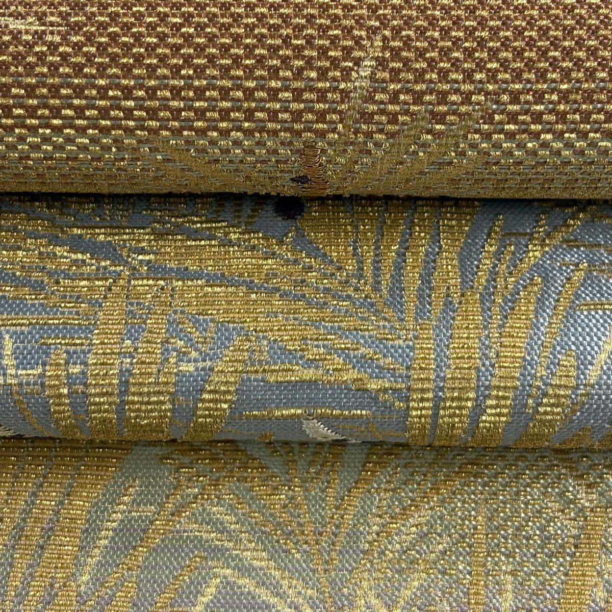 【美品】 袋帶 逸品級 手先二通り 若松樹 七寶 金華山織 金銀絲 灰紫 全通 純蠶絲