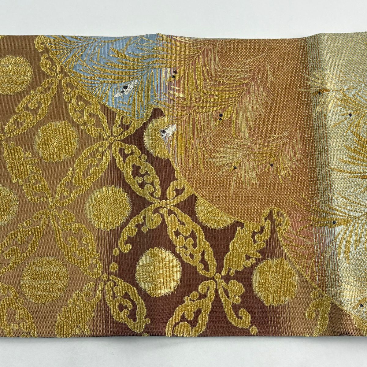 【美品】 袋帶 逸品級 手先二通り 若松樹 七寶 金華山織 金銀絲 灰紫 全通 純蠶絲