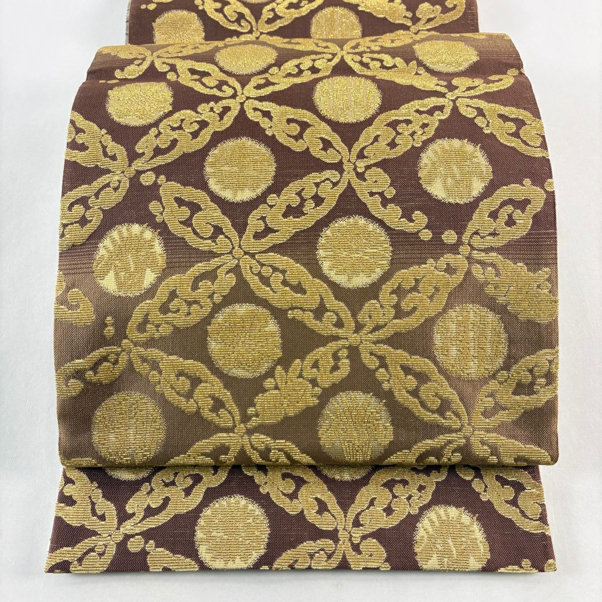 【美品】 袋帶 逸品級 手先二通り 若松樹 七寶 金華山織 金銀絲 灰紫 全通 純蠶絲