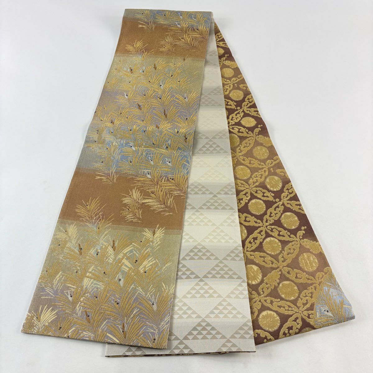 【美品】 袋帶 逸品級 手先二通り 若松樹 七寶 金華山織 金銀絲 灰紫 全通 純蠶絲