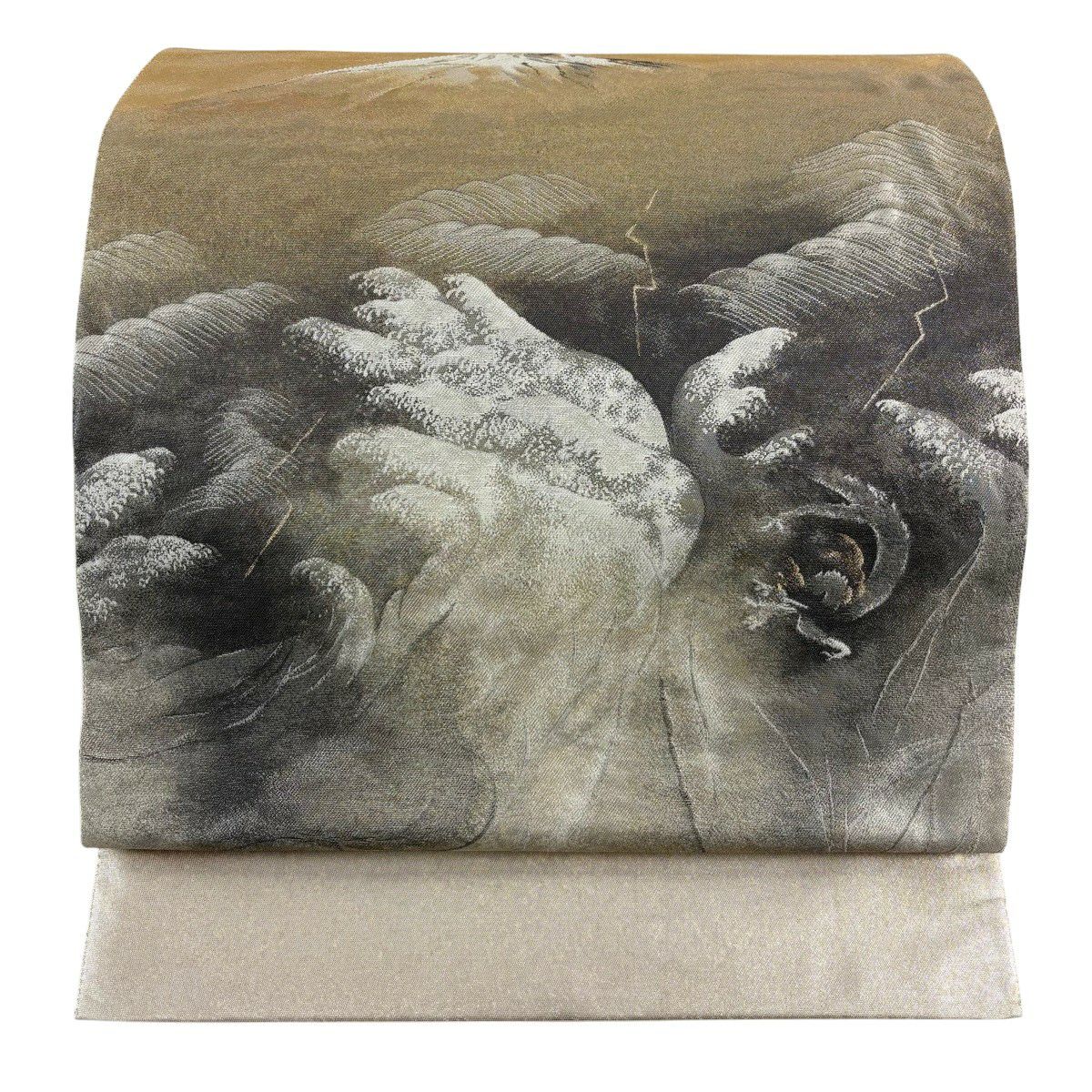 【美品】 袋帶 逸品級 横山大觀 落款 山 波頭 金絲 金金箔 金色 お太鼓圖案 純蠶絲