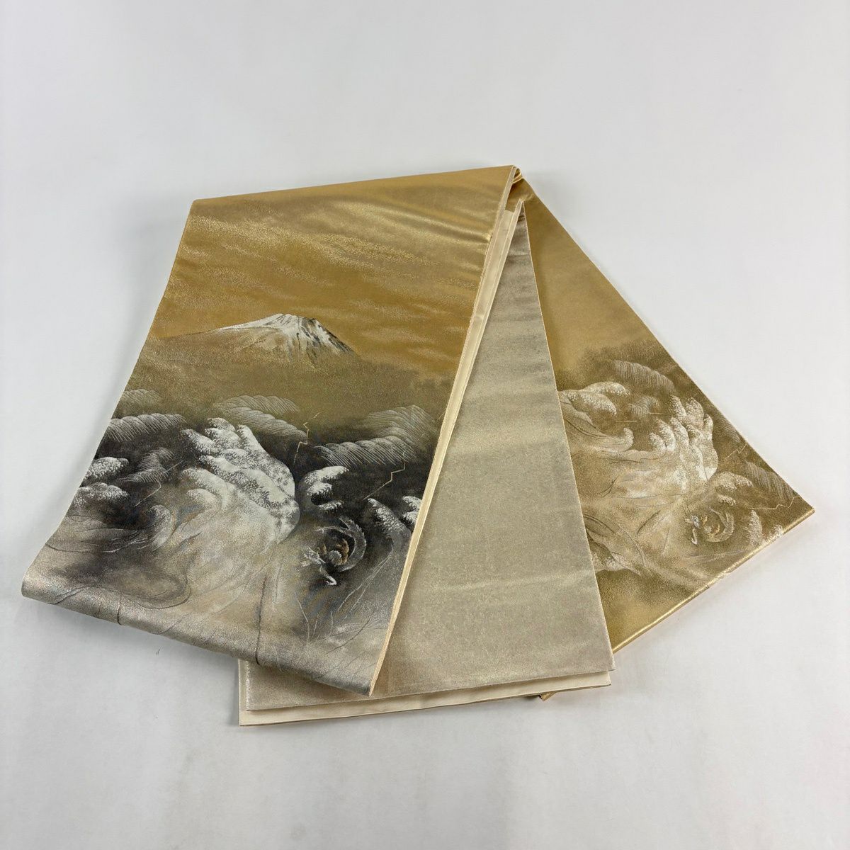 【美品】 袋帶 逸品級 横山大觀 落款 山 波頭 金絲 金金箔 金色 お太鼓圖案 純蠶絲