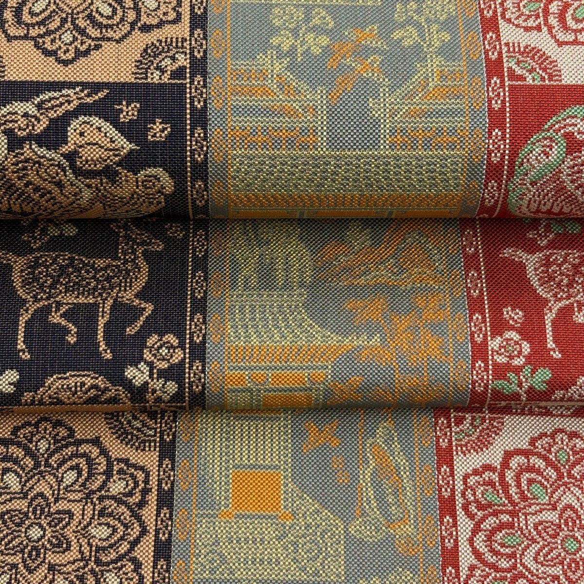【美品】 開口名古屋帶 逸品級 龍村美術織物 雙層仕立 茶紅瑞錦 銀線 灰色 純蠶絲