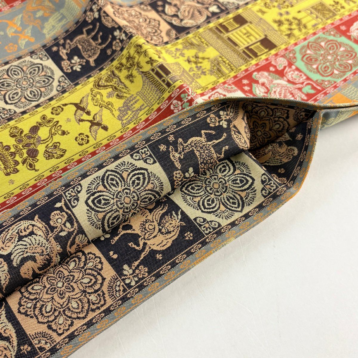 【美品】 開口名古屋帶 逸品級 龍村美術織物 雙層仕立 茶紅瑞錦 銀線 灰色 純蠶絲