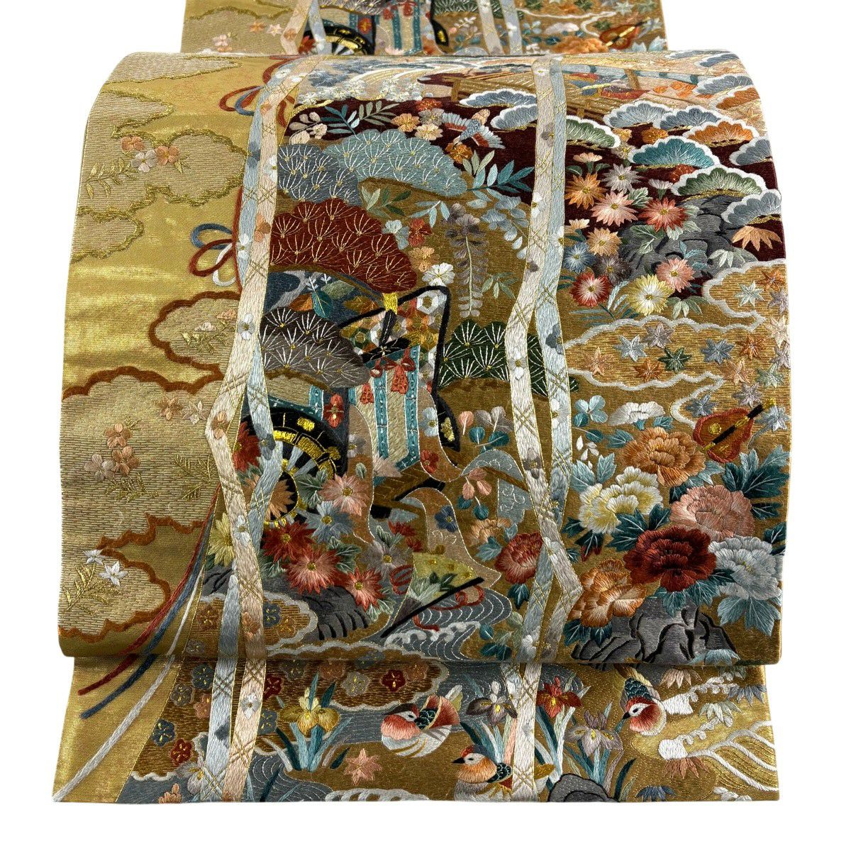 【美品】 袋帶 逸品級 幾帳 御所車 刺繡 金銀彩 金 六通 純蠶絲