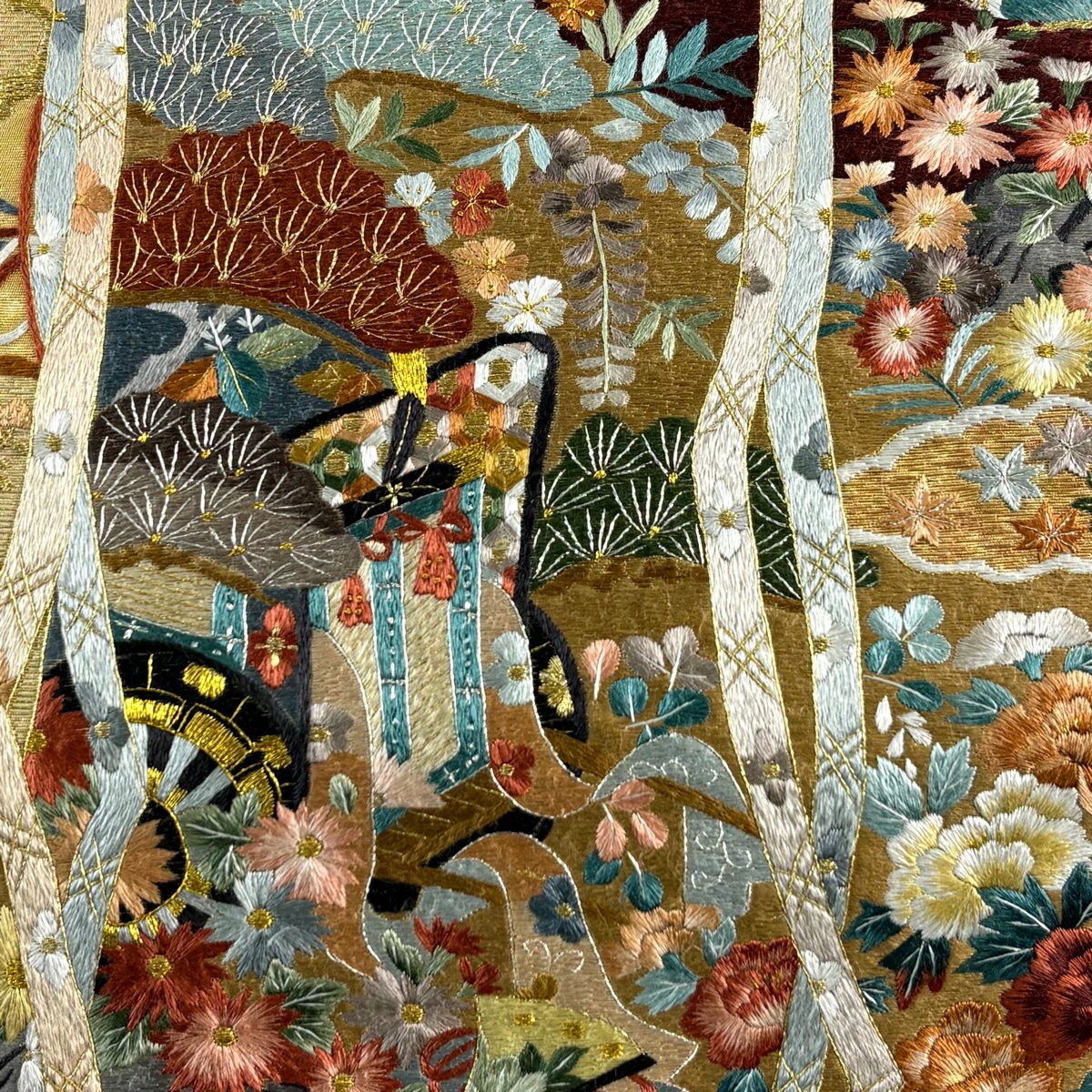 【美品】 袋帶 逸品級 幾帳 御所車 刺繡 金銀彩 金 六通 純蠶絲