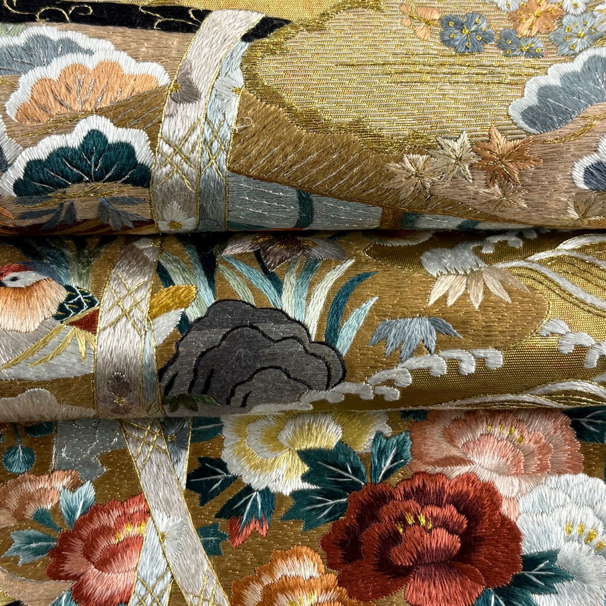 【美品】 袋帶 逸品級 幾帳 御所車 刺繡 金銀彩 金 六通 純蠶絲