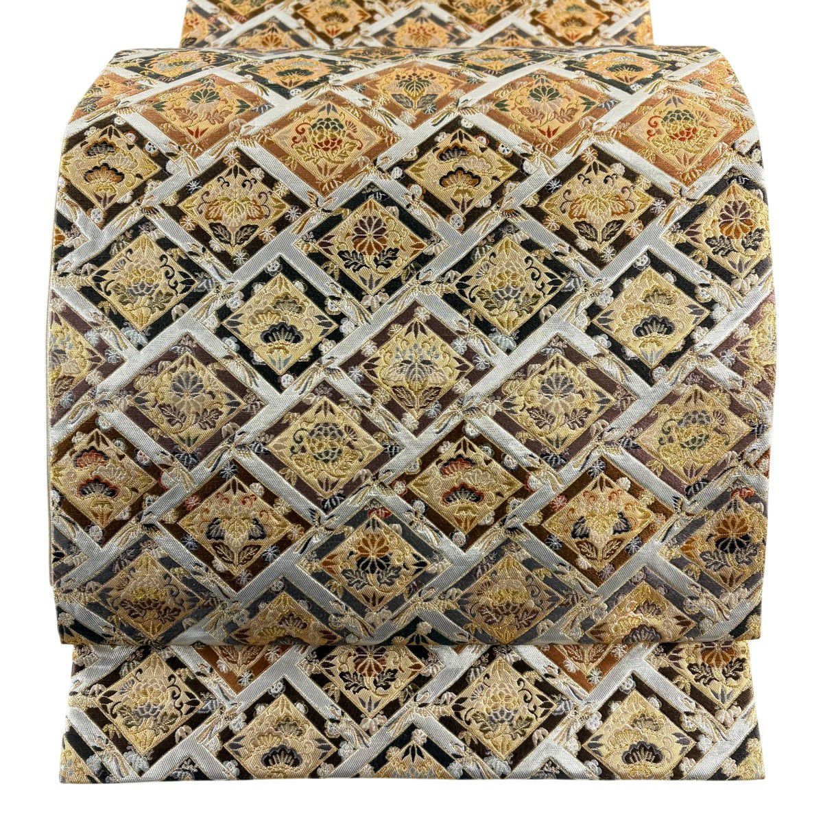 【美品】 袋帶 逸品級 祥園 落款 花鳥 菱 刺繡 金糸 銀 六通 純蠶絲
