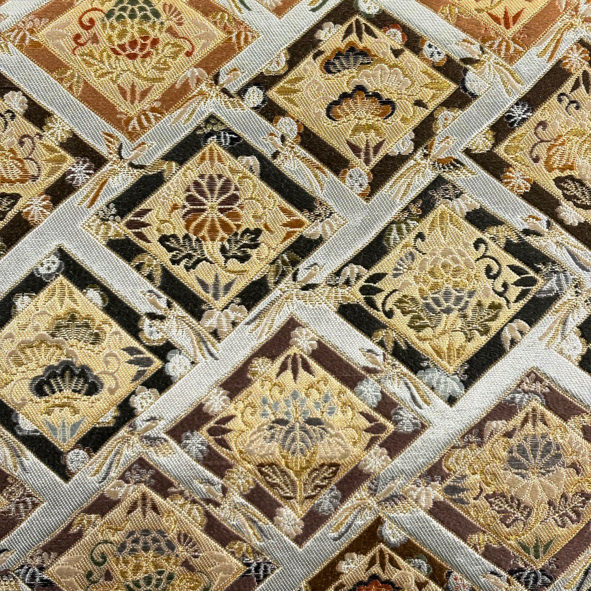 【美品】 袋帶 逸品級 祥園 落款 花鳥 菱 刺繡 金糸 銀 六通 純蠶絲