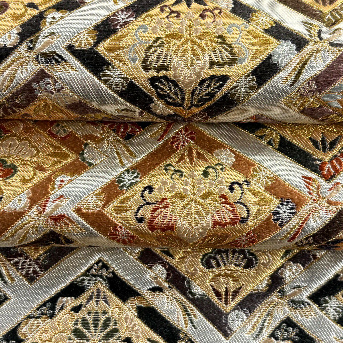 【美品】 袋帶 逸品級 祥園 落款 花鳥 菱 刺繡 金糸 銀 六通 純蠶絲