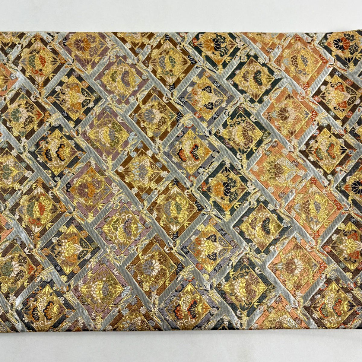 【美品】 袋帶 逸品級 祥園 落款 花鳥 菱 刺繡 金糸 銀 六通 純蠶絲