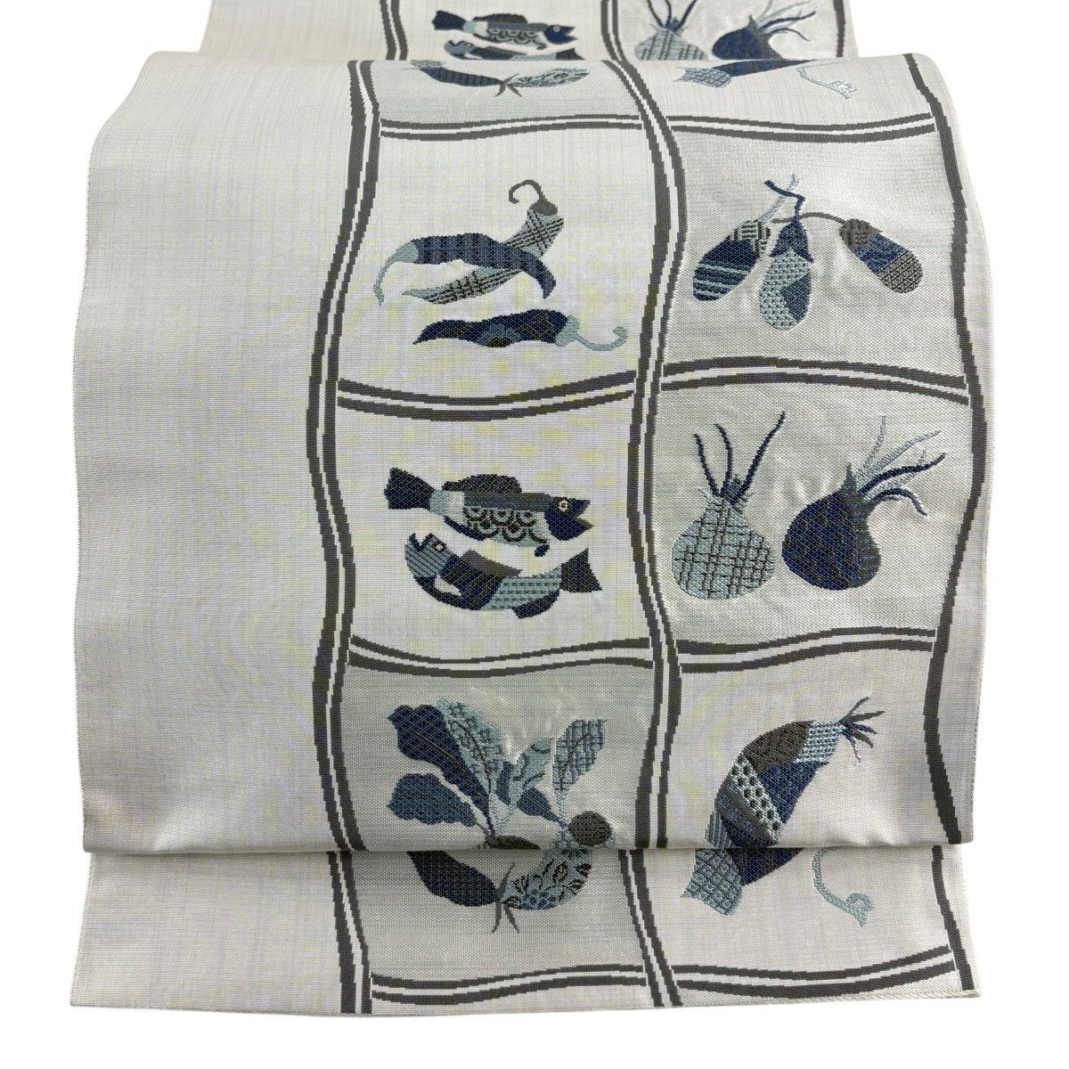 【美品】 袋帶 逸品級 落款あり 天然藍染 上石辰男 魚 野菜 灰白 全通 純蠶絲