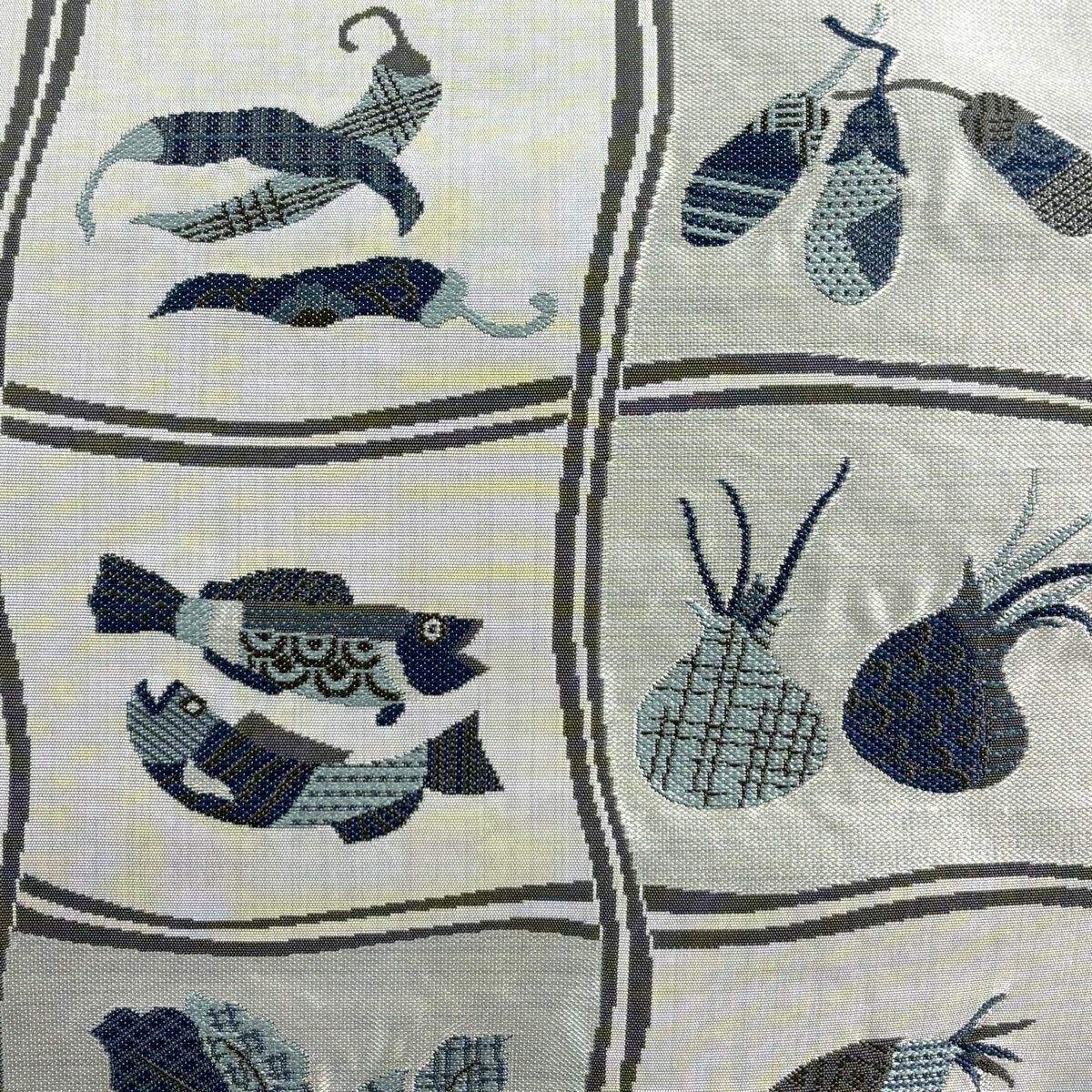 【美品】 袋帶 逸品級 落款あり 天然藍染 上石辰男 魚 野菜 灰白 全通 純蠶絲