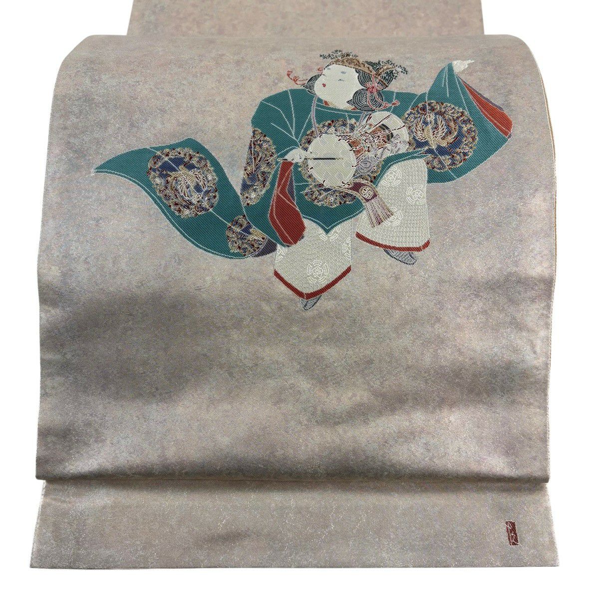 【美品】 袋帶 逸品級 由水十久監修 落款あり 人物 金金箔 灰櫻 お太鼓柄 純蠶絲