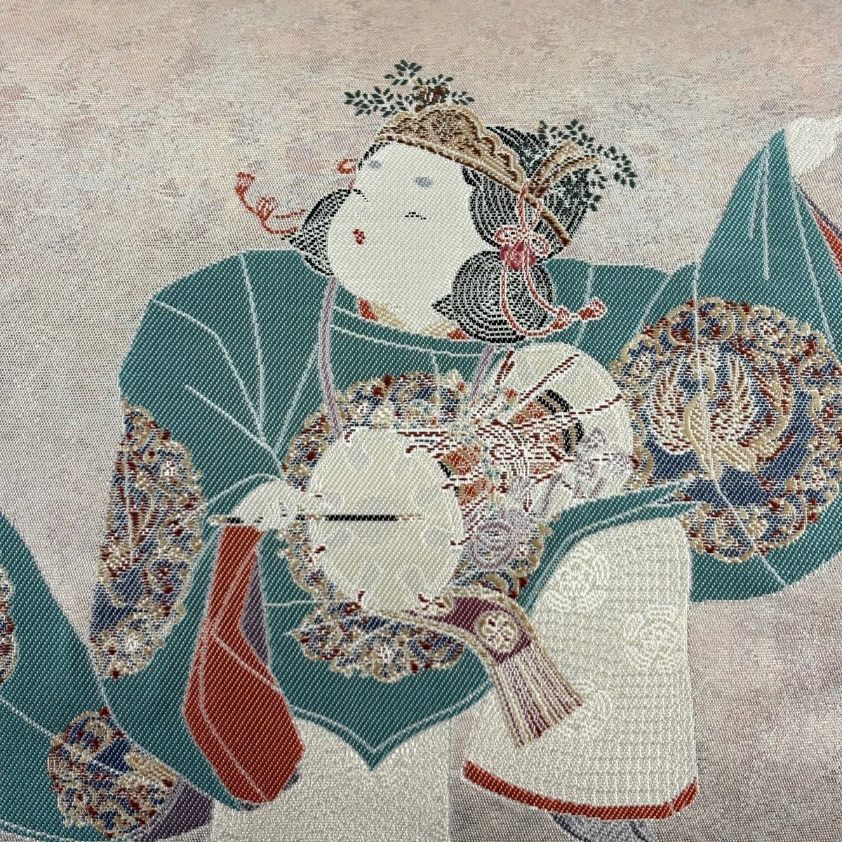 【美品】 袋帶 逸品級 由水十久監修 落款あり 人物 金金箔 灰櫻 お太鼓柄 純蠶絲